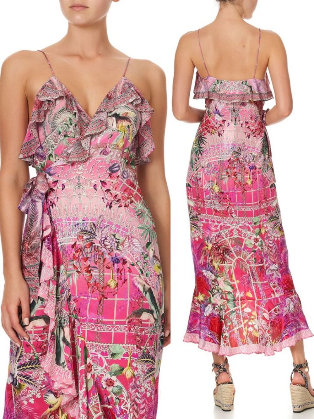 Camilla Long Wrap‎ Midi Dress Glasshouse Romance Pink Frill Rhinestone Size XXS - Picture 2 of 13